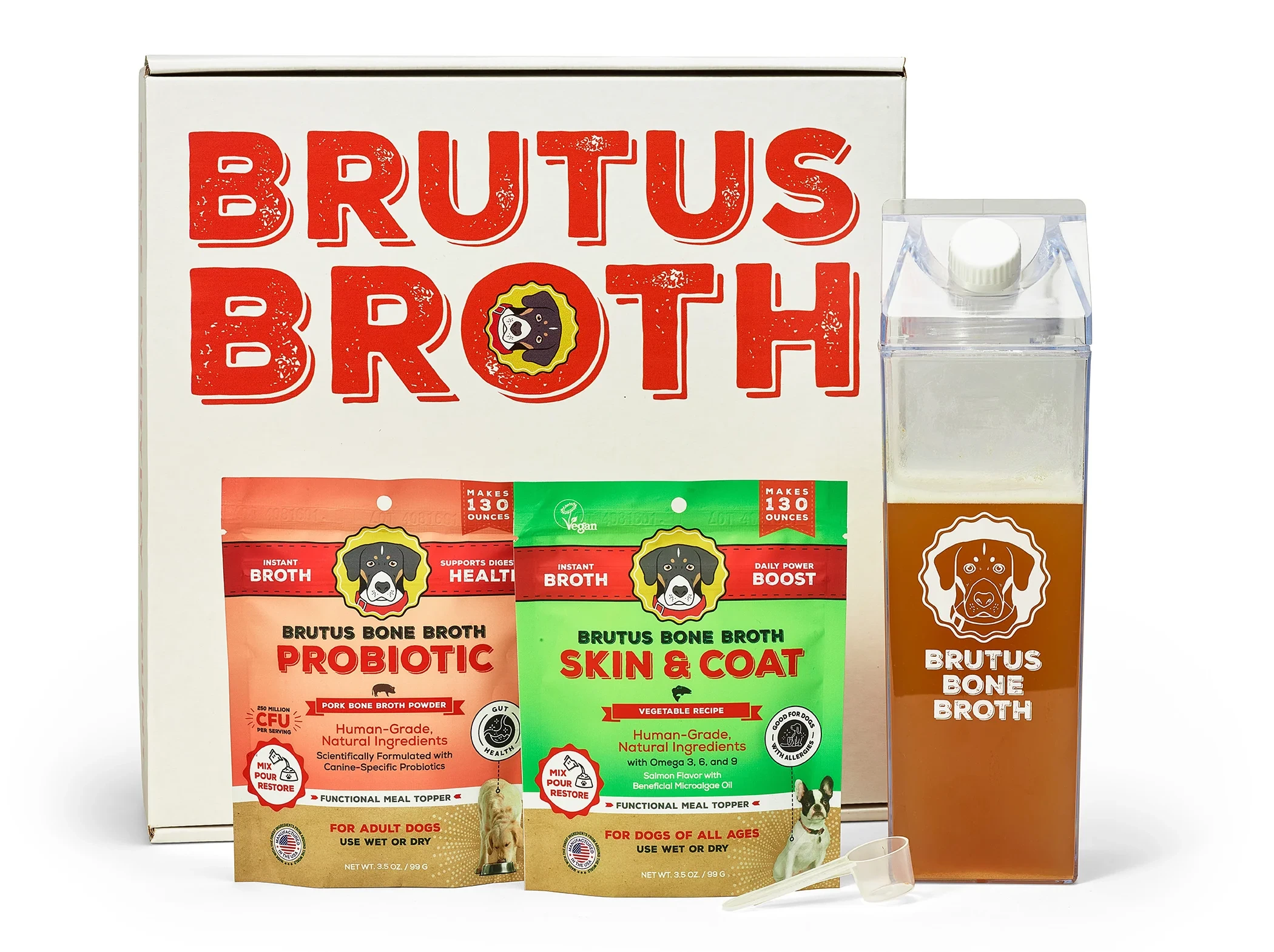 The Brutus Bone Broth box with Probiotic and Skin & Coat broth pouches and a carton of broth