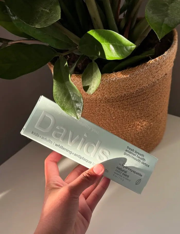 A hand holding a Davids mild mint toothpaste box in front of a potted plant