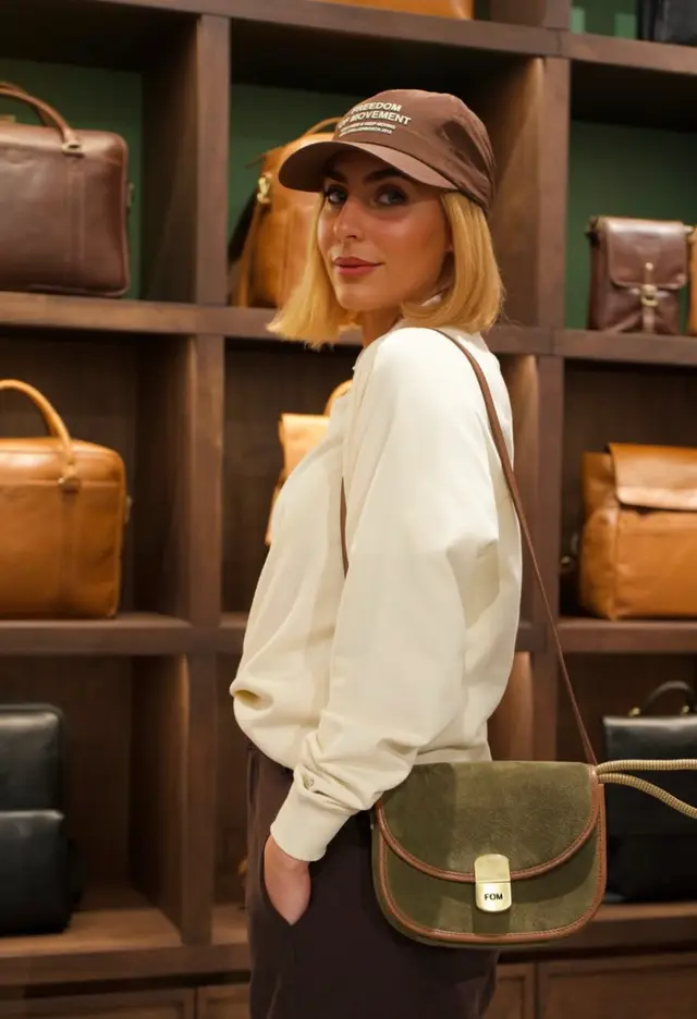 A woman with an olive suede bag in a Freedom of Movement store