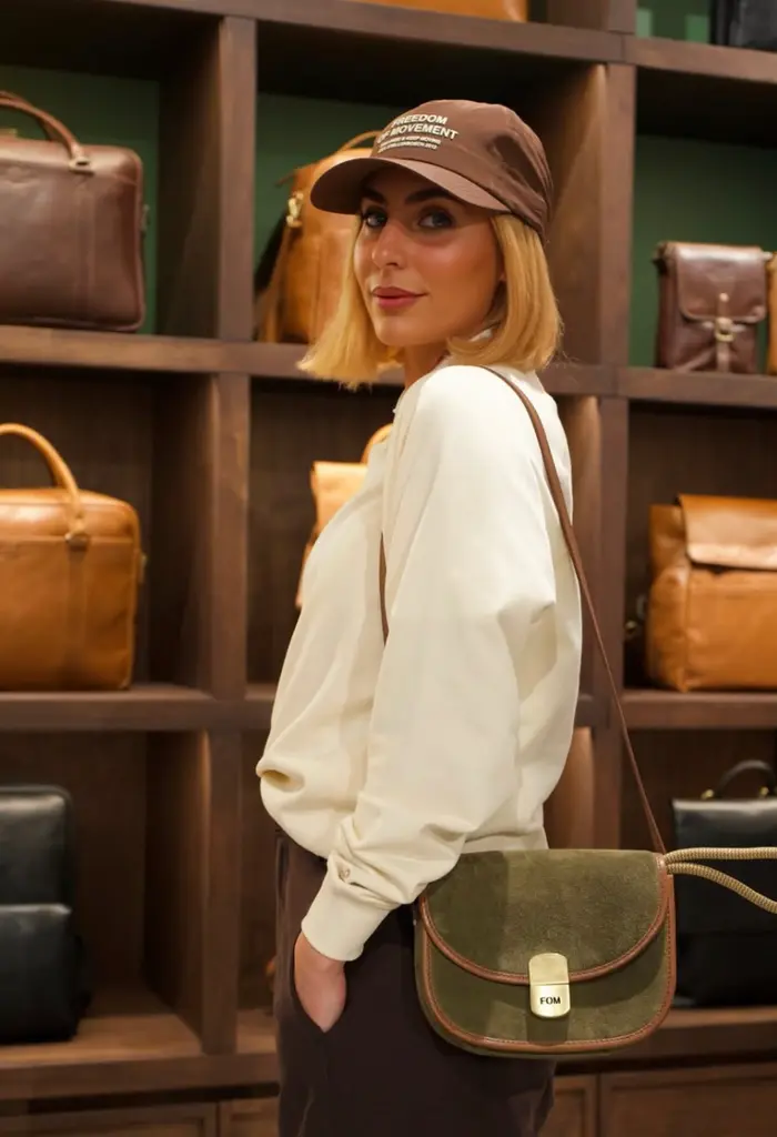 A woman in a brown FOM cap carrying an olive suede FOM bag in front of leather bag shelves