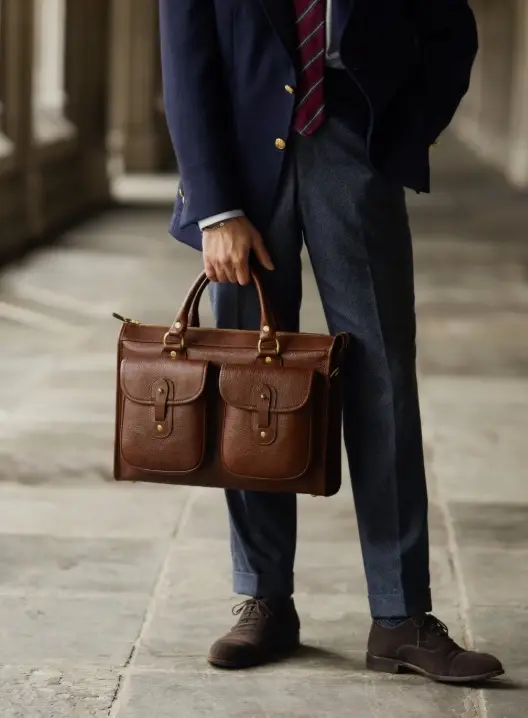 A man holding a brown Ghurka leather briefcase
