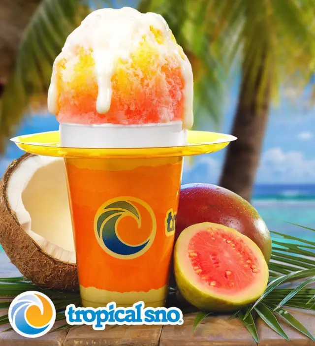 A cup of guava coconut Tropical Sno shave ice