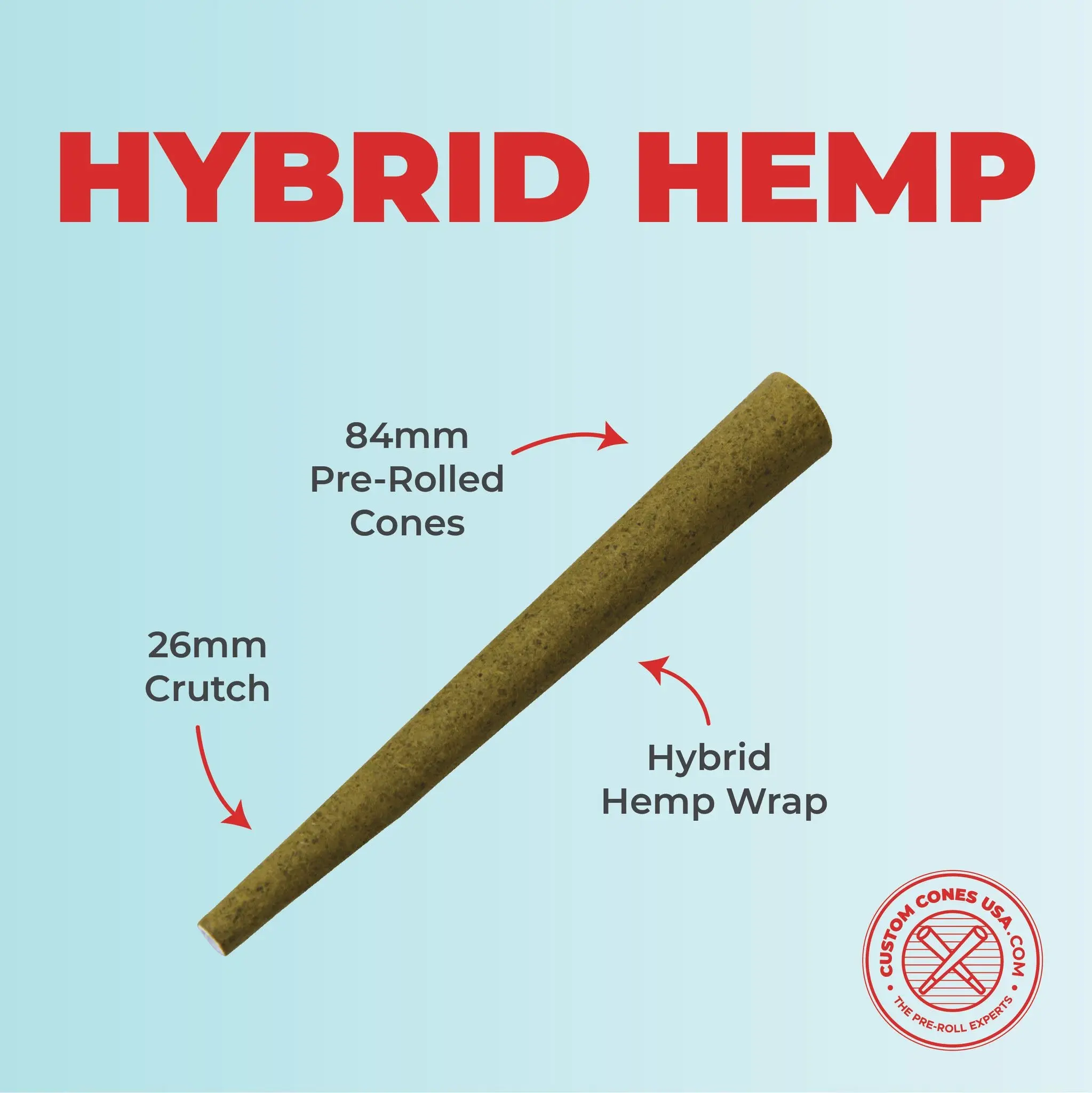 A hybrid hemp pre-rolled cone with its 84mm length and 26mm crutch labeled
